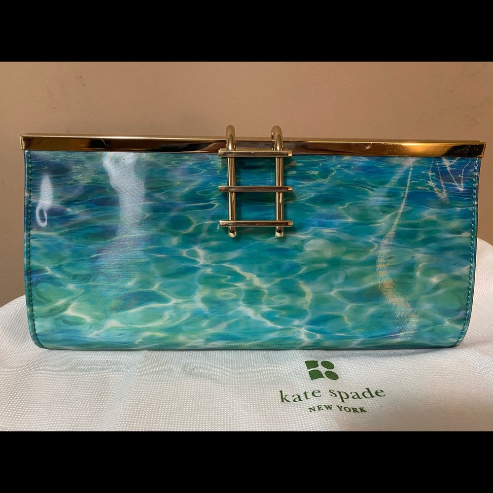 kate spade Blue Green Waterprint Clutch with Gold Trim
